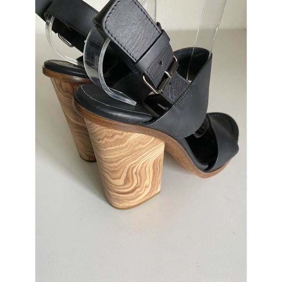 Vince Haley Sandal Black Leather Open Toe Two Strap Ankle Buckle Wood He… - Picture 6 of 11